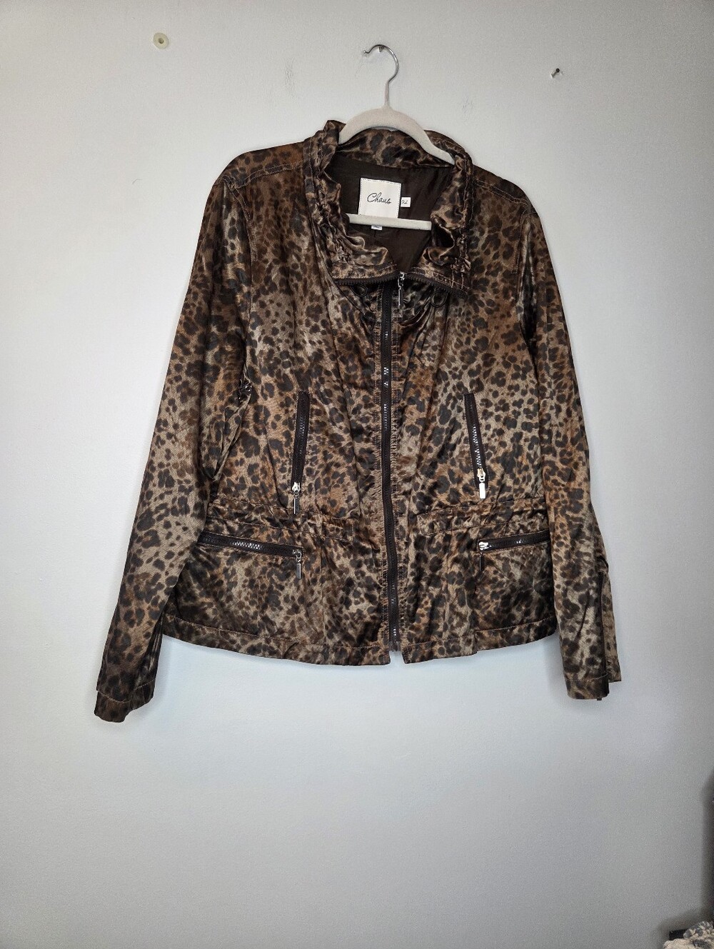 Chaus Leopard-Print Silk Jacket, Zip-Up, Sz XL